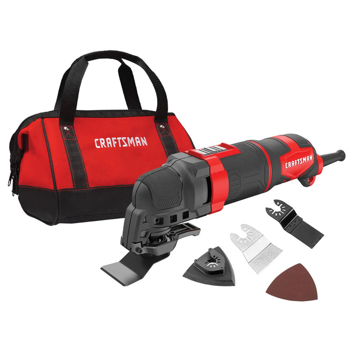 Photo of CRAFTSMAN CMEW400 oscillating tool kit with black and red tool, attachments, sanding pads, and red carry bag.