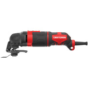Photo of Craftsman CMEW401 black and red oscillating multi-tool, side angle on white background.