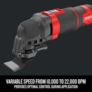 Photo of Craftsman oscillating multi-tool CMEW401, black and red, side angle, with blade attachment visible.