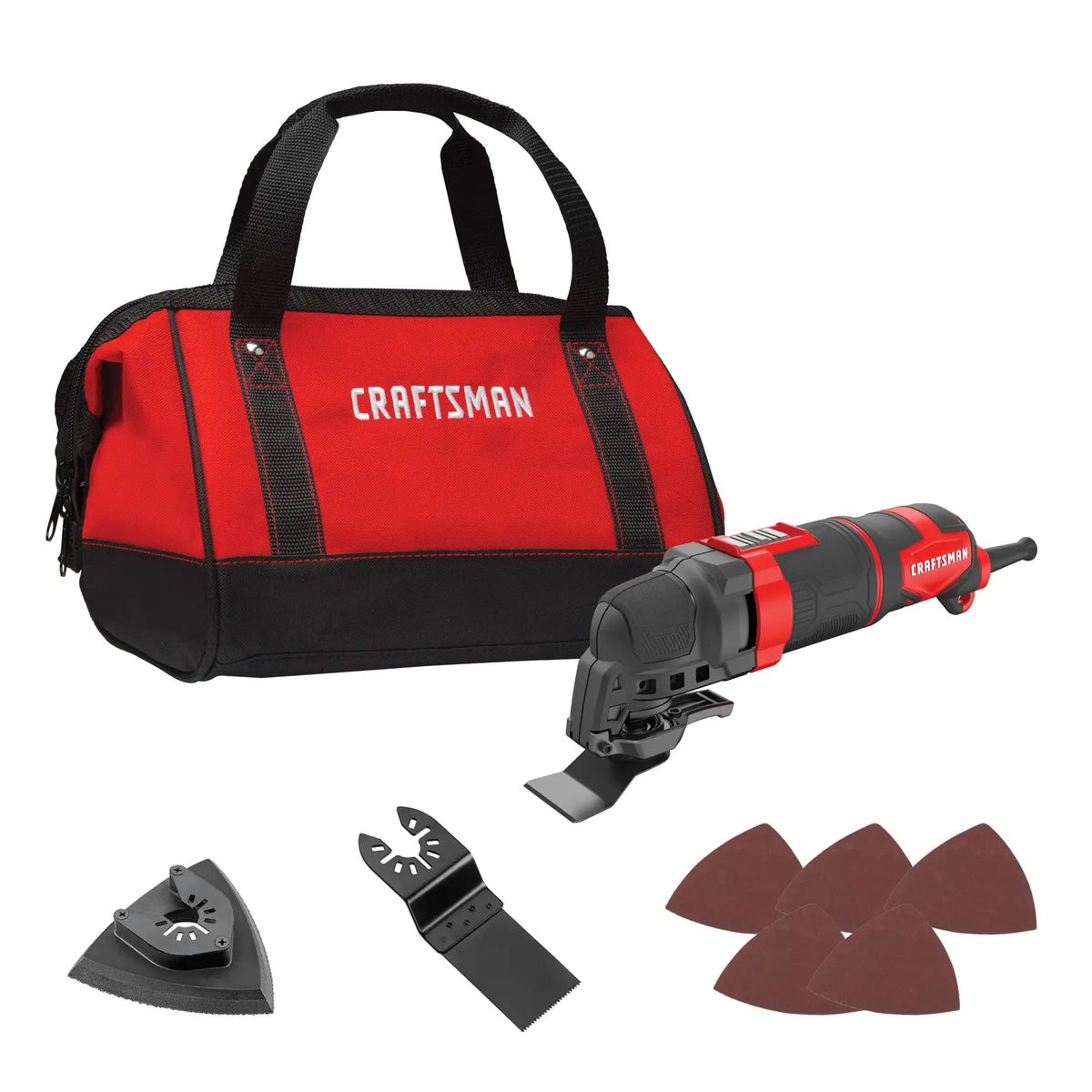 Photo of Craftsman multi-tool CMEW401 kit with red and black tool bag, multi-tool, blades, sanding pads, white background.