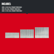 Photo of Craftsman 16 GA straight finish nails pack CMFN16PP, three sizes displayed on red background.