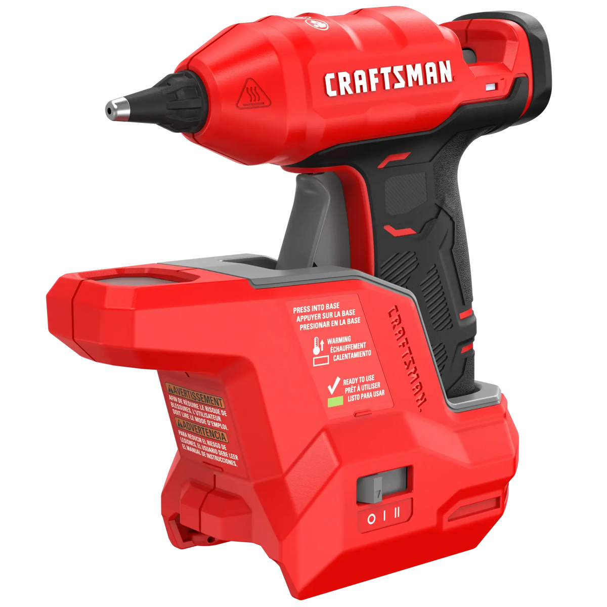Photo of Craftsman red cordless glue gun CMGL100B, side angle, with ergonomic grip and trigger switch.