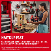 Photo of Craftsman cordless glue gun CMGL200B on workbench, woman using it on picture frame in workshop.