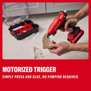 Photo of Craftsman cordless glue gun CMGL200B in use, applying glue to tile, toolbox visible in background.