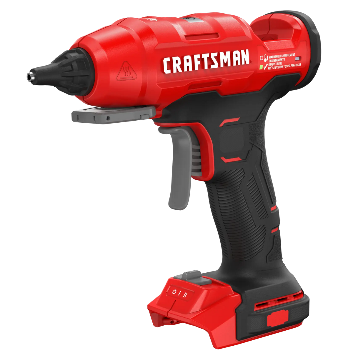 Craftsman cordless hot glue gun CMGL200B, red and black, right angle photo on white background.
