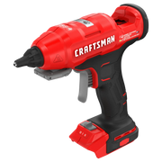 Photo of Craftsman cordless hot glue gun, red and black, angled view, CMGL200B.