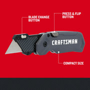 Craftsman folding utility knife CMHT10350, side view, showing blade change button, press and flip button, and compact size.