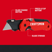 Craftsman red folding utility knife, model CMHT10353, side angle, blade change button, blade storage shown.