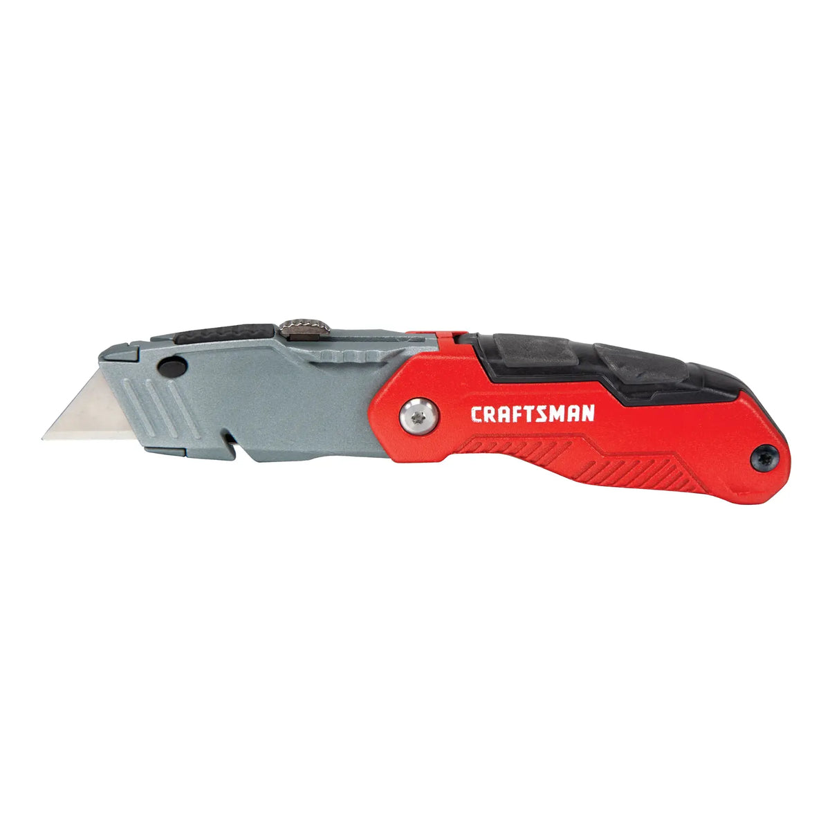 Photo of Craftsman utility knife CMHT10932 with red and black handle, left side view, white background.
