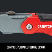 Photo of Craftsman folding utility knife, red and silver handle, CMHT10932, side view.