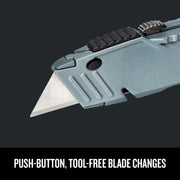 Craftsman utility knife CMHT10932, close-up showing push-button tool-free blade change feature.