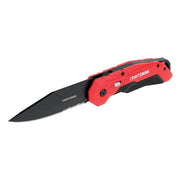 Photo of Craftsman CMHT10934 folding knife with red and black handle, partially serrated blade, angled view.