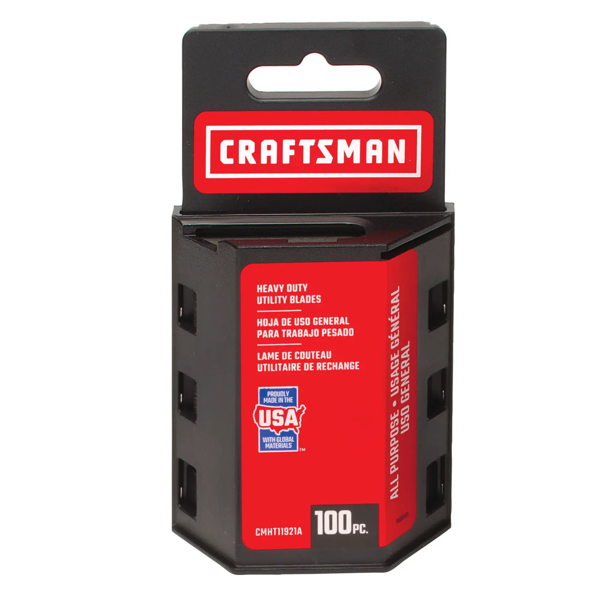 Craftsman utility blade pack CMHT11921A, red and black packaging, front angle, 100 blades.