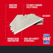 Photo of Craftsman utility knife blades, SKU CMHT11921A, stacked with etched logo, shown on red background.