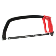 Photo of Craftsman CMHT20138 hacksaw with red handle and black frame, side angle, white background.