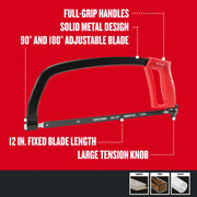 Photo of Craftsman hacksaw CMHT20138 with 12 in. blade, red handle, large tension knob, suitable for laminate, wood, plastic.
