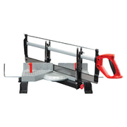 Photo of CRAFTSMAN miter saw with red handle, silver base, SKU CMHT20800, front angle on white background.