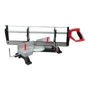 Photo of CRAFTSMAN CMHT20800 miter box saw with red handle and silver metal base, side angle view.