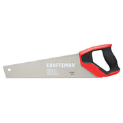 Craftsman hand saw with red and black handle, silver blade, CMHT20880, front angle on white background.