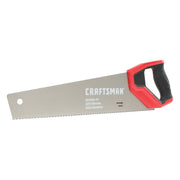 Photo of Craftsman hand saw CMHT20880 with red and black ergonomic handle, blade side view, universal cut.