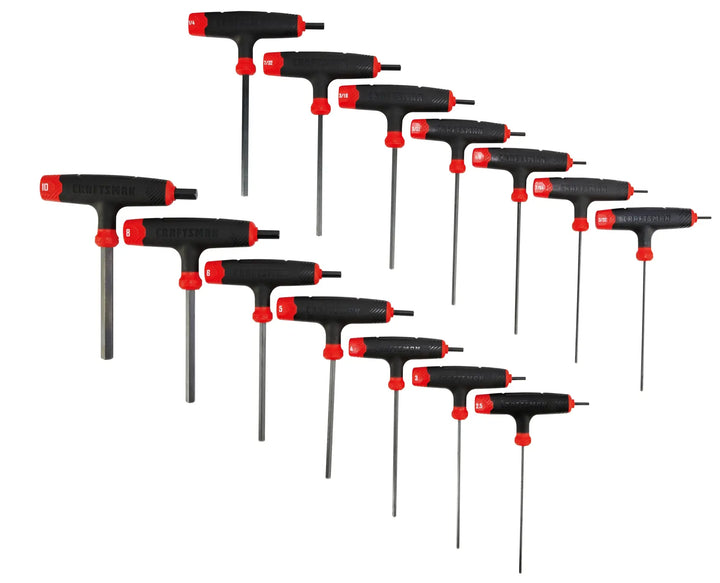 Craftsman CMHT26001-2 set of 12 T-handle hex keys with black and red handles, shown from front on white background.