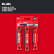 Photo of Craftsman 25-piece folding hex key set, red and black, three handles, SKU CMHT26004, front angle.