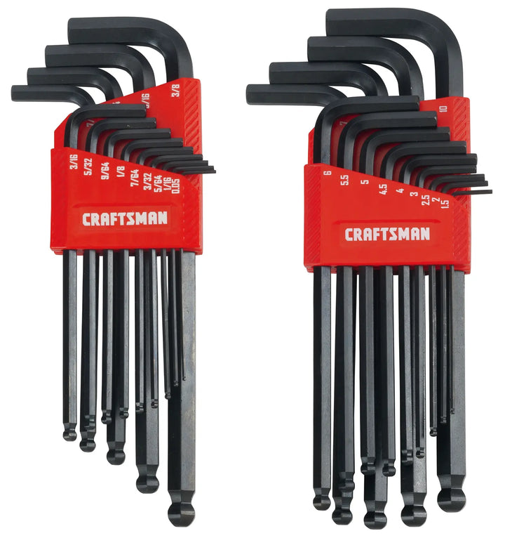 Photo of Craftsman CMHT26009 hex key set with black L-shaped wrenches in red holders, shown from the front on white background.