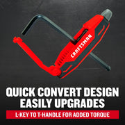 Photo of CRAFTSMAN red and black convertible L-key T-handle tool, SKU CMHT26028, shown on a dark background.