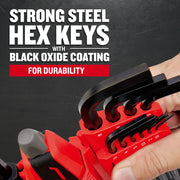 Photo of CRAFTSMAN steel hex keys set CMHT26028 with black oxide coating in red holder, hand holding tool.