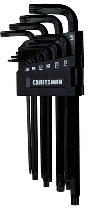 Photo of Craftsman CMHT26031 Torx key set, black metal L-shaped wrenches with size markings and holder, front angle.