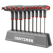 A set of Craftsman T-handle hex key wrenches in various sizes arranged in a gray storage holder labeled with their sizes.