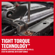A screwdriver above a rusted fastener in a car engine bay with text about Tight Torque Technology benefits.
