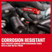A gloved hand uses a Craftsman screwdriver in an engine bay. Text highlights corrosion resistance and gun-metal finish.