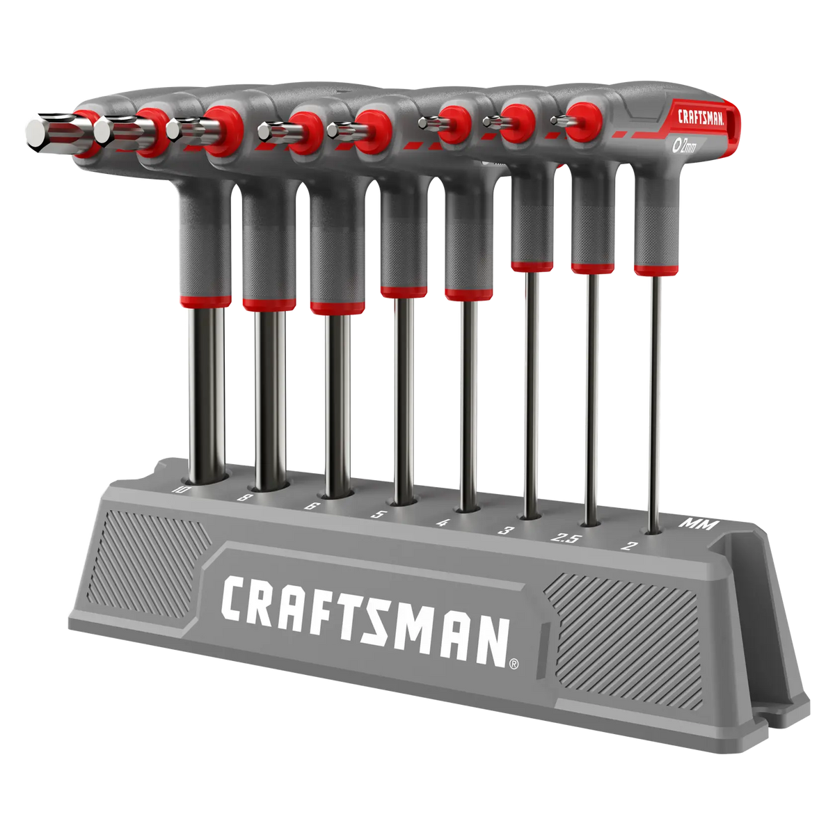 A set of Craftsman branded hex key wrenches with T-handles in varying sizes, organized upright in a gray storage stand labeled with size markings.