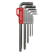 A set of Craftsman brand metric hex keys (Allen wrenches) arranged in increasing size, held together by a red and gray holder labeled with their sizes in millimeters.