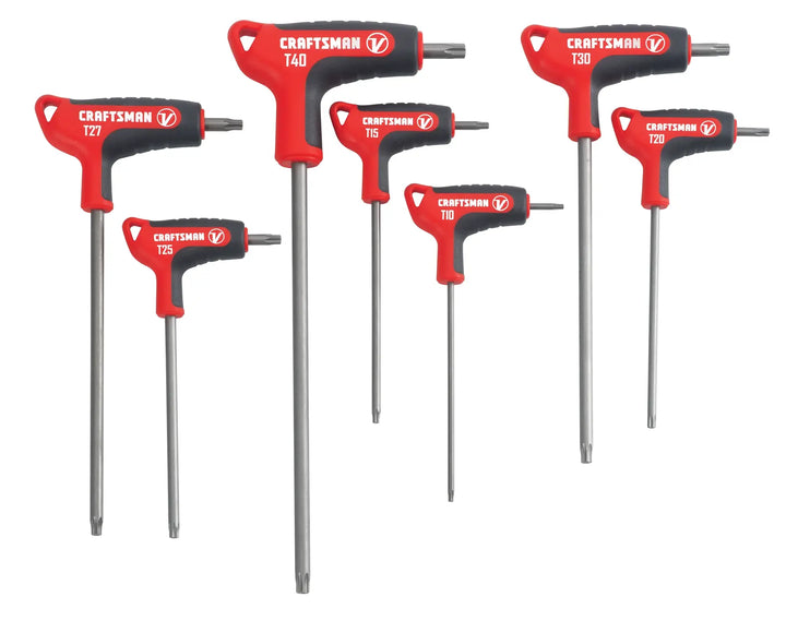 Photo of Craftsman CMHT26163V Torx T-handle hex key set with red and black handles on white background.