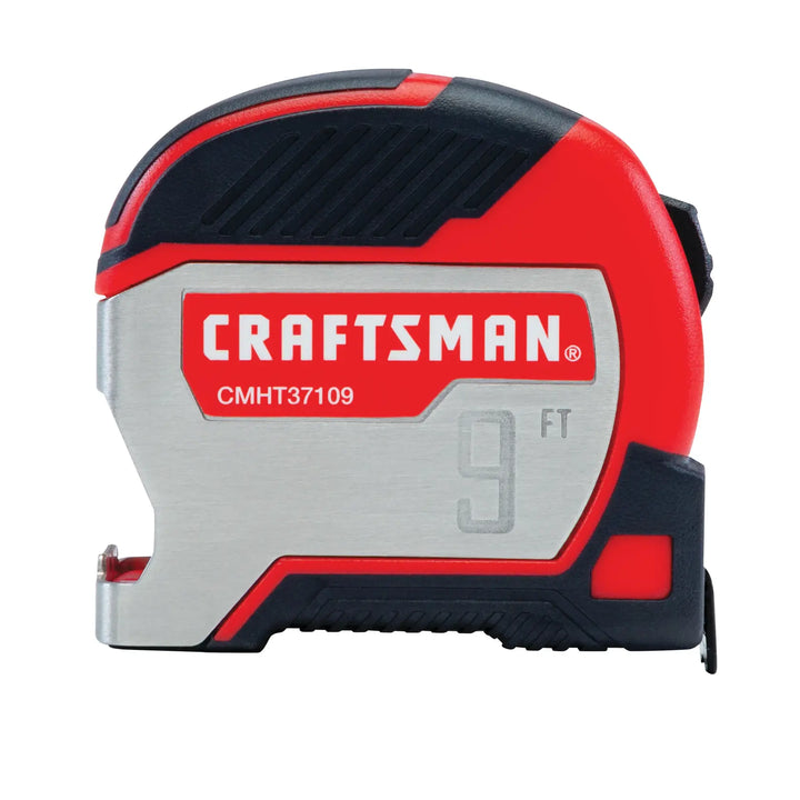 Photo of Craftsman tape measure, model CMHT37109S, 9 ft length, red and silver, side view on white background.