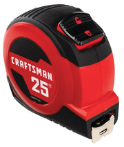 Photo of CRAFTSMAN 25 ft tape measure, model CMHT37225S, with red and black casing, angled on white background.