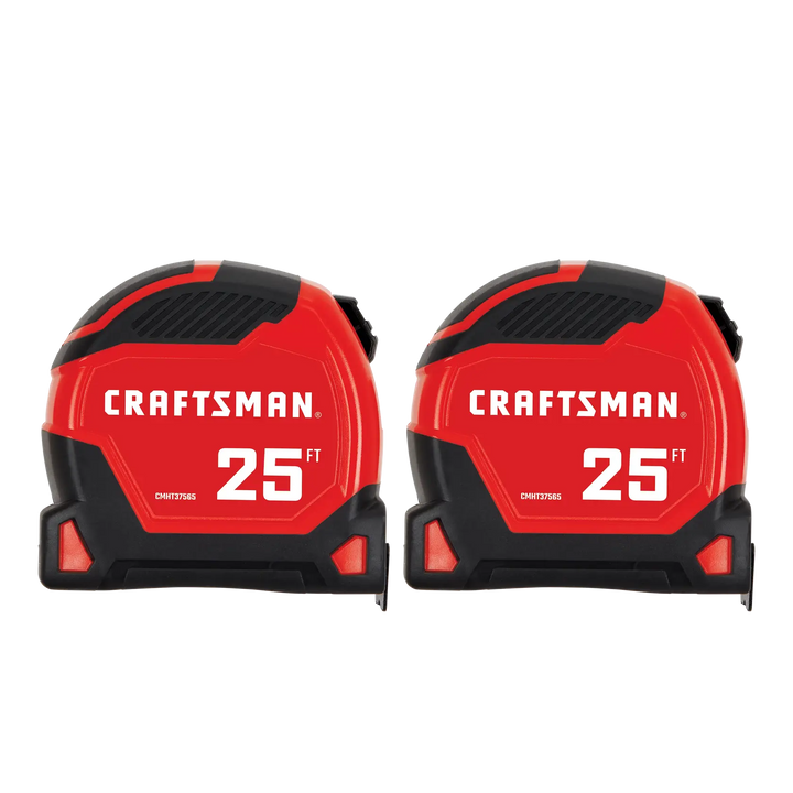 Front view photo of two Craftsman 25 ft tape measures, red and black, model CMHT37265S.