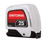Photo of Craftsman tape measure, chrome finish, 25 ft length, SKU CMHT37365S, angled view on white background.
