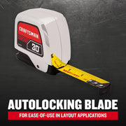 Photo of Craftsman 30 ft tape measure CMHT37370S, yellow autolocking blade, angled view on dark background.