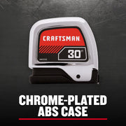 Photo of Craftsman 30 ft chrome-plated ABS tape measure, SKU CMHT37370S, front angle on dark background.