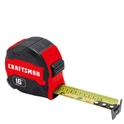Photo of Craftsman tape measure CMHT37441S, 16 ft, red and black casing, angled on white background.