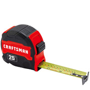Craftsman 25 ft tape measure CMHT37443S, black and red case, yellow blade, angled view, photography.