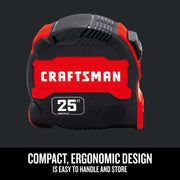 Photo of Craftsman 25 ft tape measure, black and red, front angle, SKU CMHT37443S.