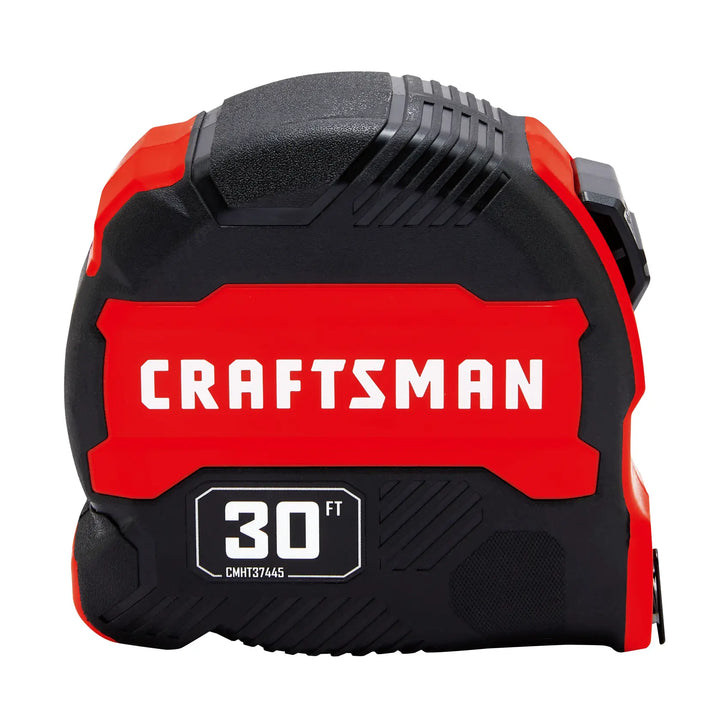 Front angle photo of Craftsman 30 ft tape measure CMHT37445S, black and red casing, bold logo.