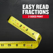 Craftsman yellow tape measure with easy-read fractions, two-sided print, SKU CMHT37445S, front view