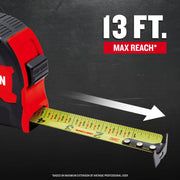 Craftsman tape measure CMHT37445S, yellow blade extended, 13 ft max reach, left side angle.
