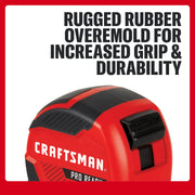 Craftsman red tape measure CMHT37556S with black rubber overmold, side angle, graphics category.