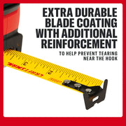Photo of Craftsman tape measure CMHT37575S with yellow reinforced blade and black metal hook, close-up angle.